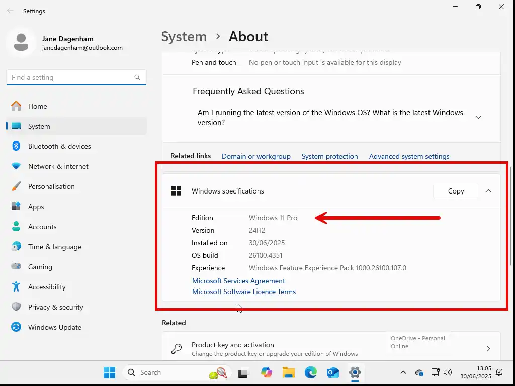 Windows 11 Pro is highlighted in the About screen.