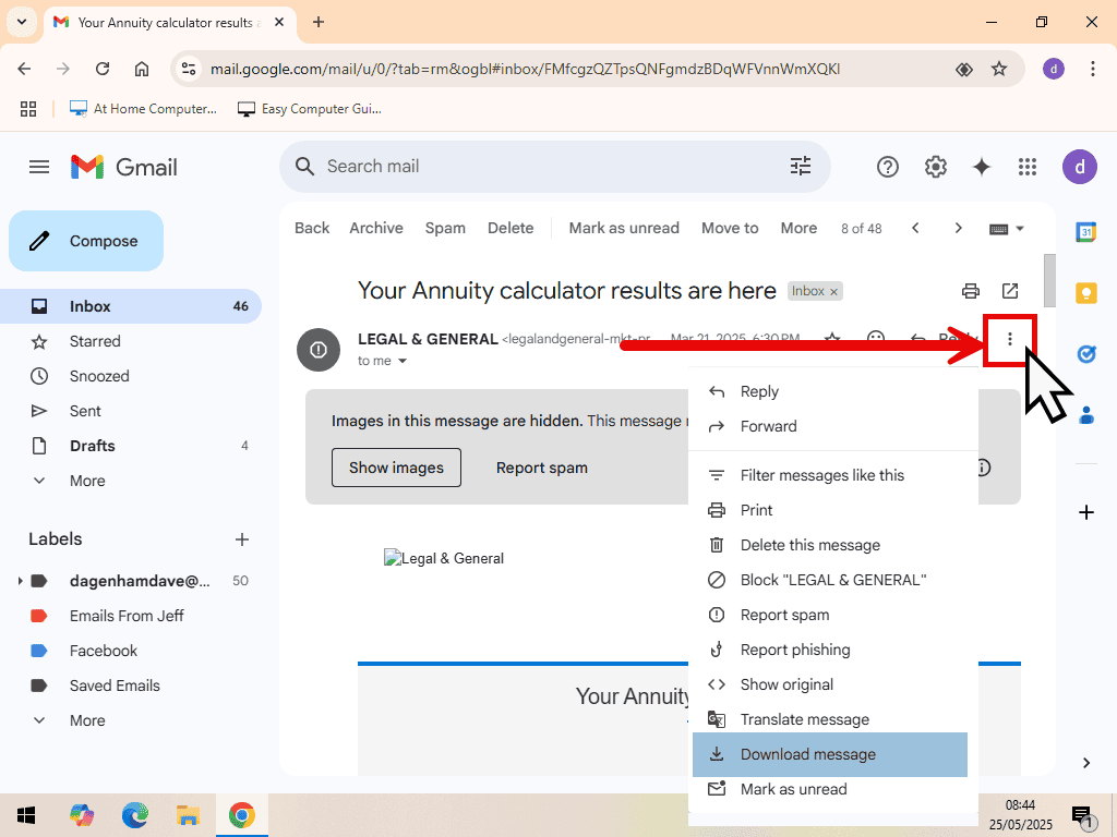 Open the options menu and select Download Message in Gmail.