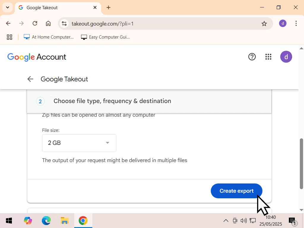 Create Export button is indicated.