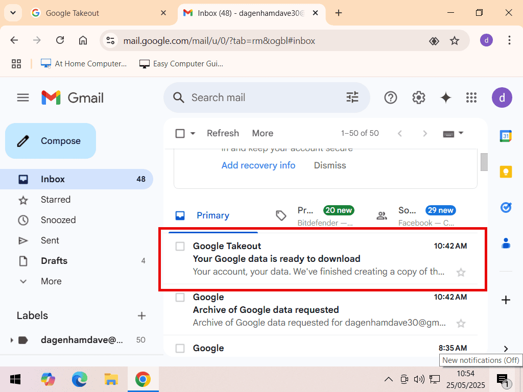 Google Takeout email indicated.