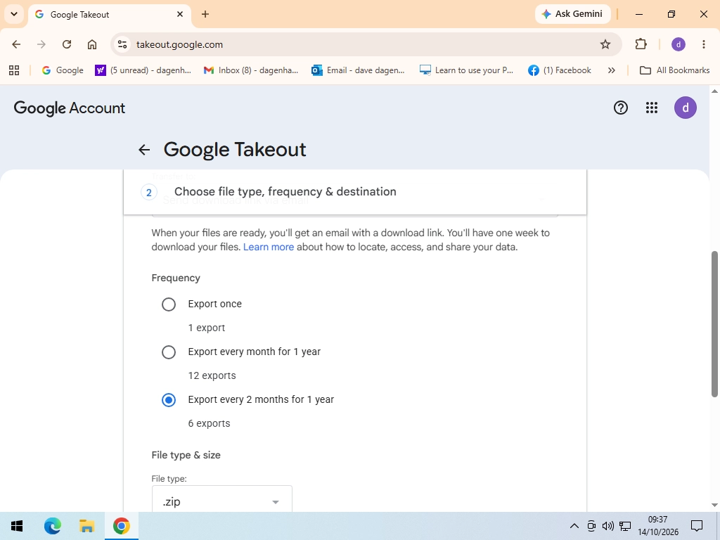 The Takeout Frequency option set to Export every 2 months for 1 year.