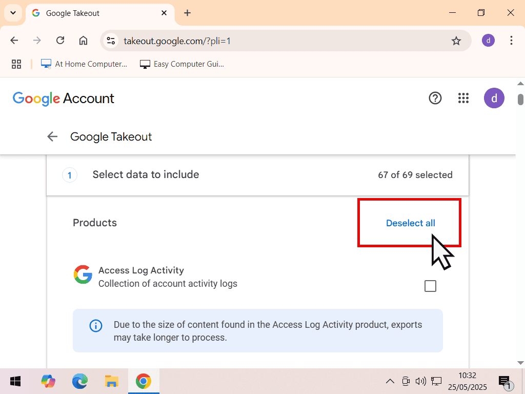The Deselect All option is indicated in Google Takeout.