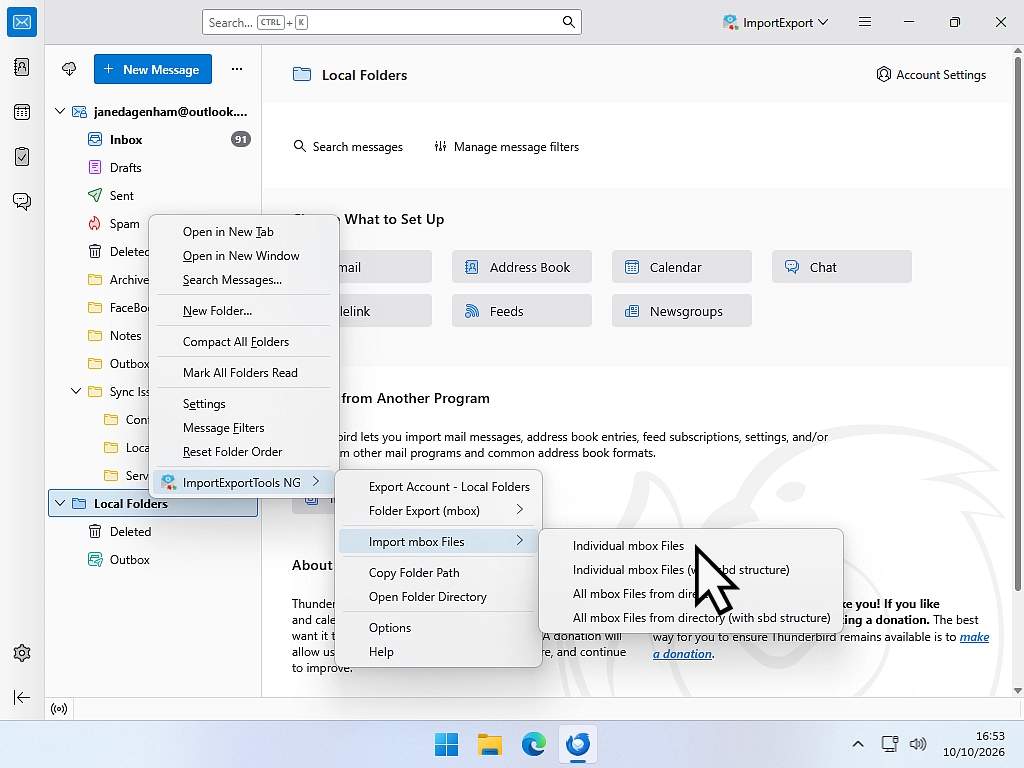 Local Folders right-clicked in Thunderbird, with ImportExportTools NG and Import mbox file highlighted.