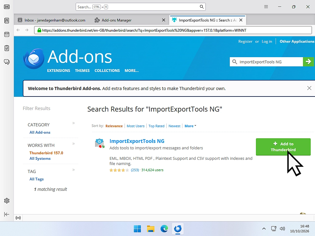 ImportExportTools NG in Thunderbird add-ons search results, with the Add to Thunderbird button.
