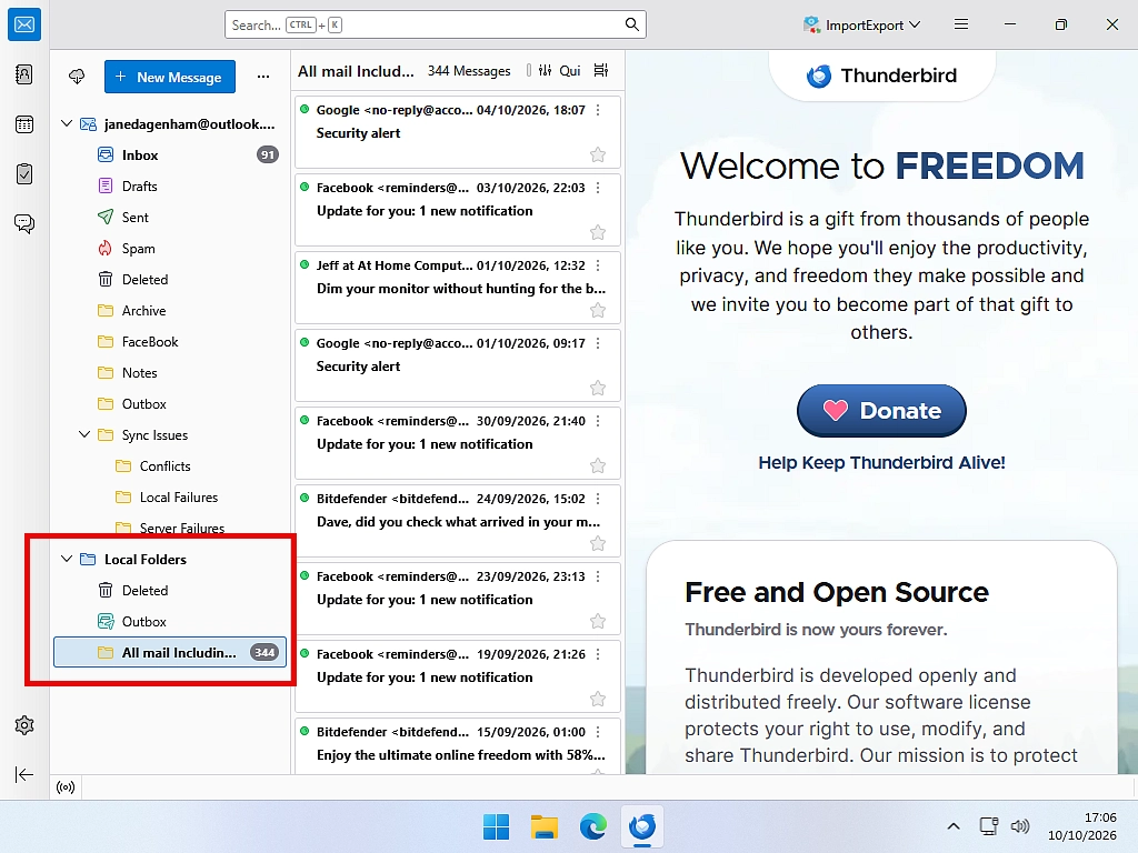 Emails from an imported MBOX file listed in a Thunderbird Local Folders folder.