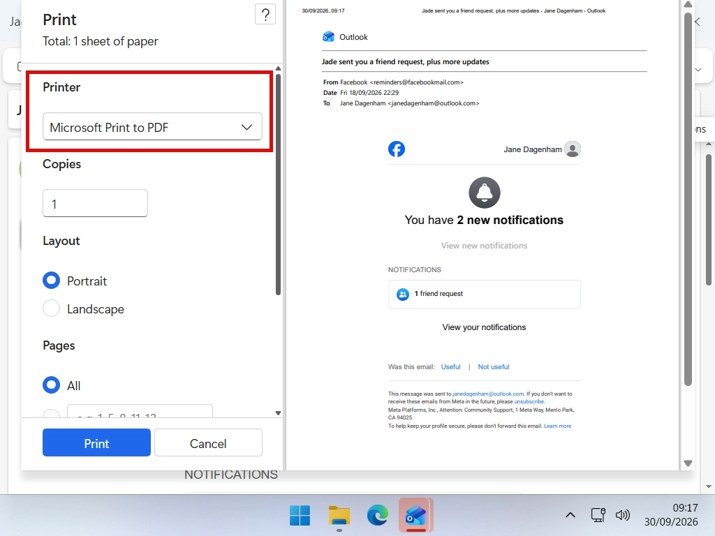 The Windows print dialog with Microsoft Print to PDF selected in the printer list.