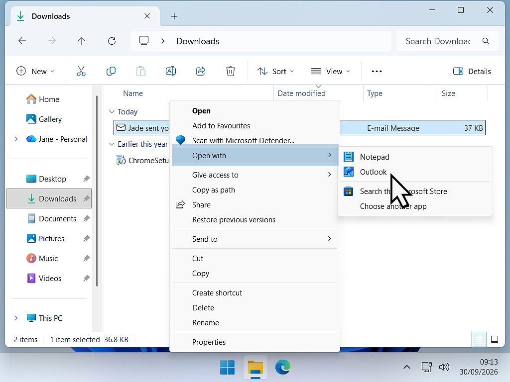 Right-click menu on an EML file with Open with and Outlook (new) both indicated.