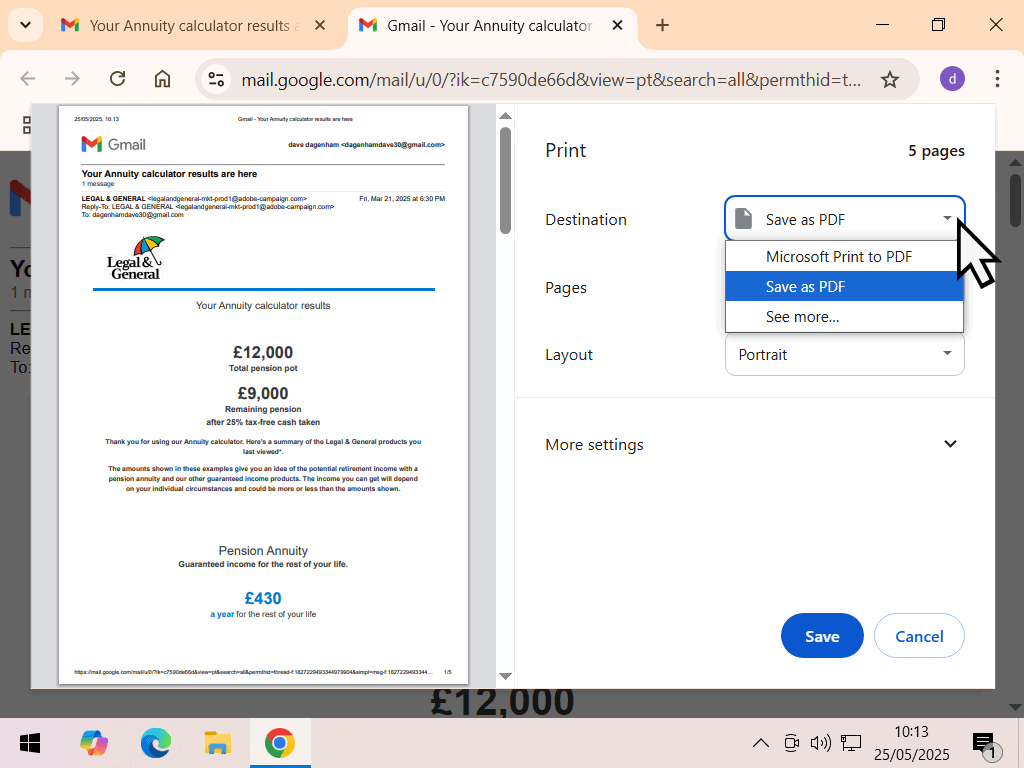 Destination options menu open. Save As PDF is selected.