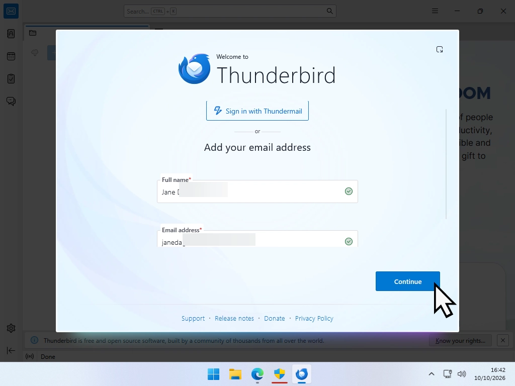 Thunderbird asking to set up an existing email address, with the name and email address boxes filled in.