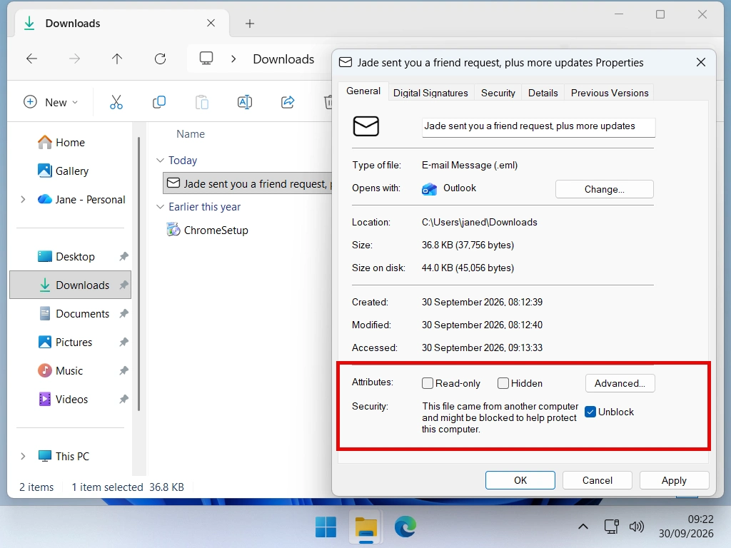 File Properties window with the Unblock tick box at the bottom of the General tab indicated.