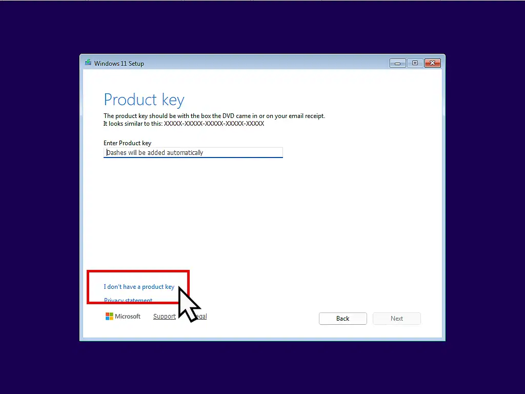 I dont have a product key option "I don't have a product key option" is highlighted.