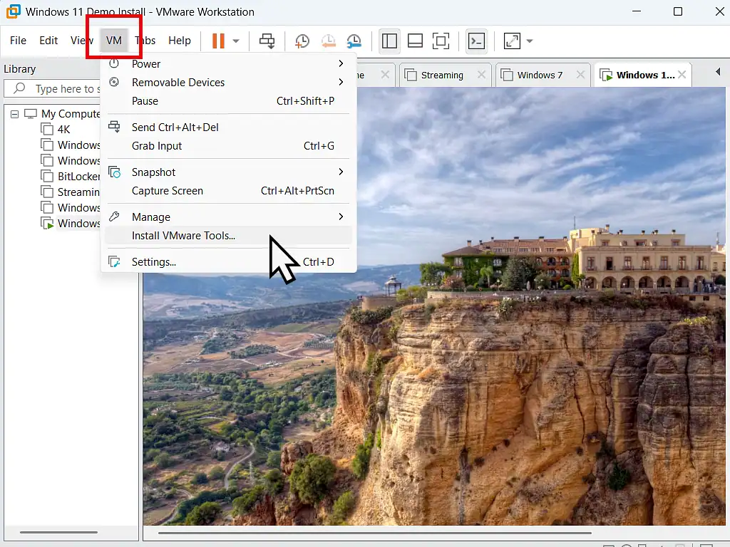 Install VMware Tools VM button and Install VMware Tools option are highlighted.