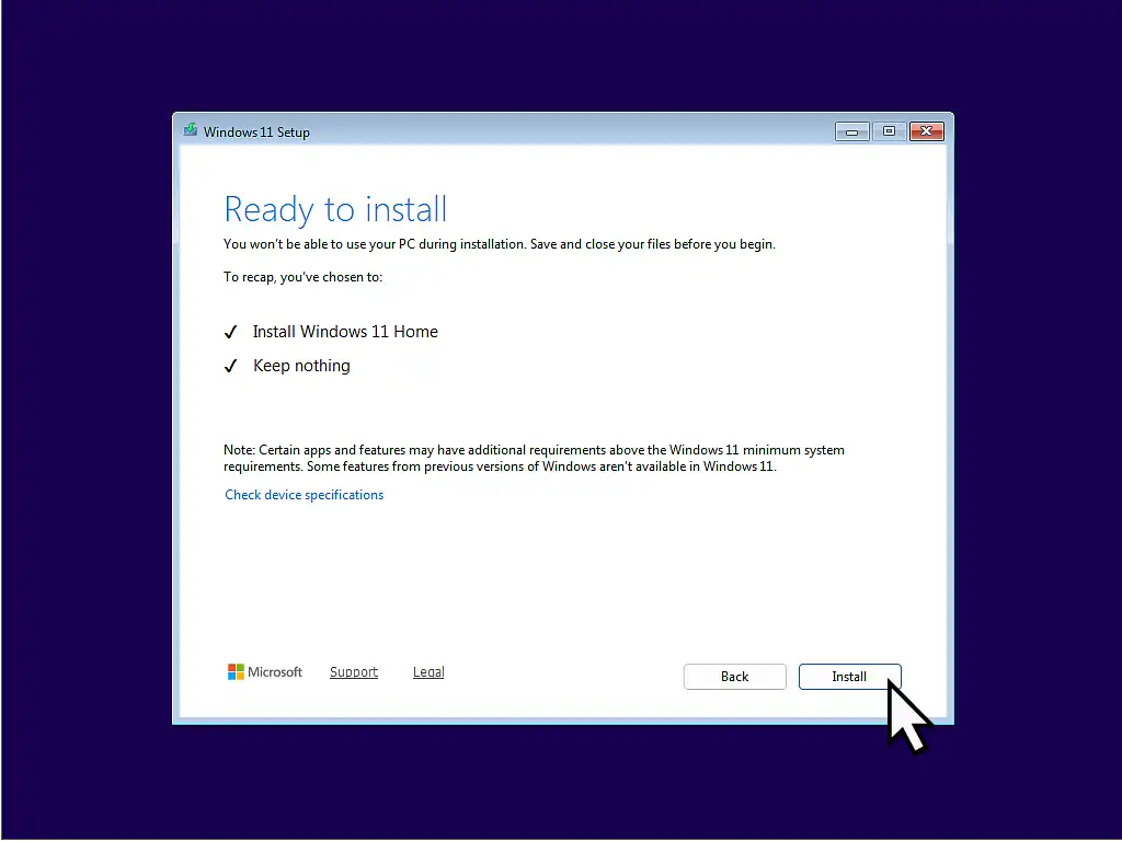 Ready to install Windows 11 vm "Ready to install" confirmation screen.