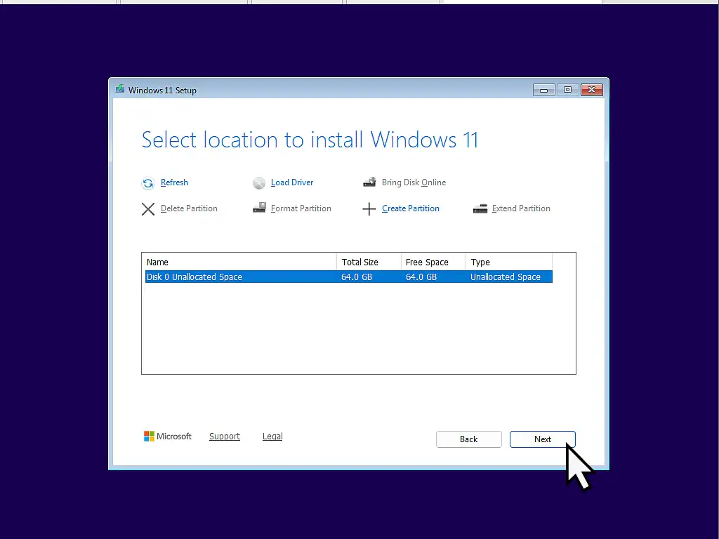 Select location Selecting the virtual hard drive as installation location for Windows 11 VM.