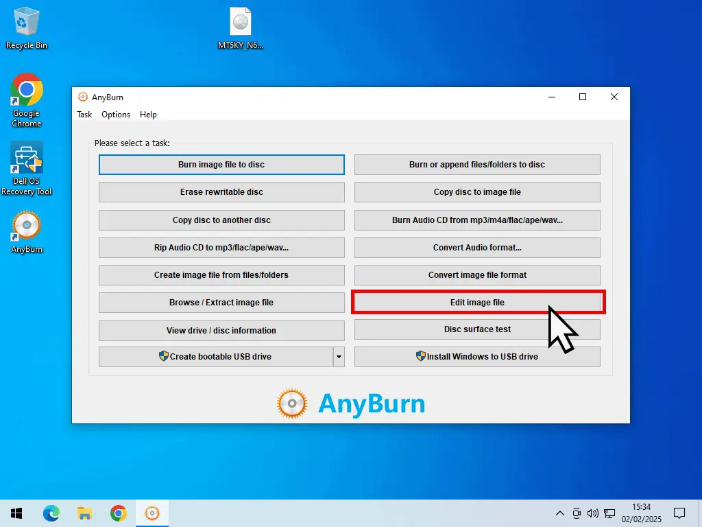 AnyBurn window open and Edit image file marked.