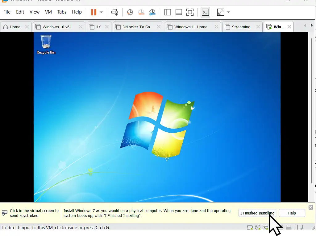 I finished installing "I finished installing" button is highlighted.
