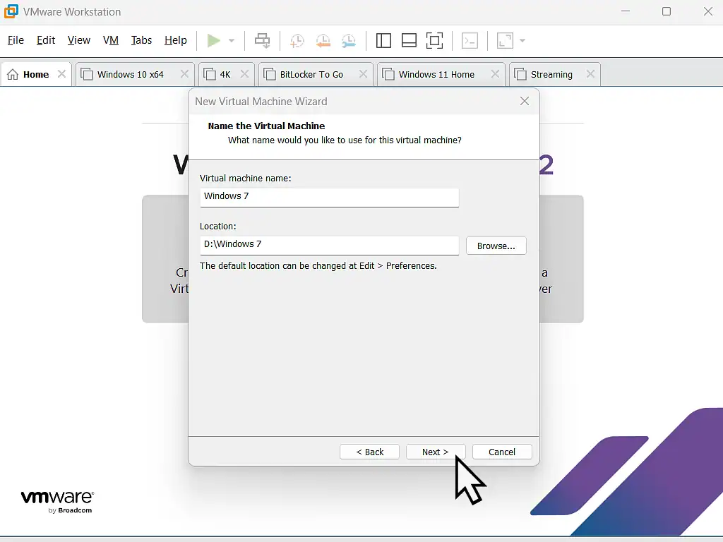 Name and save location of VM-VMware Name and save location of VM-VMware