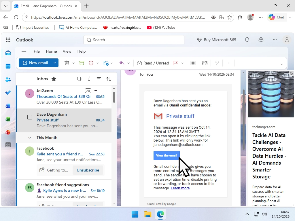 A Gmail confidential mode email received in Outlook, showing the View the email button.