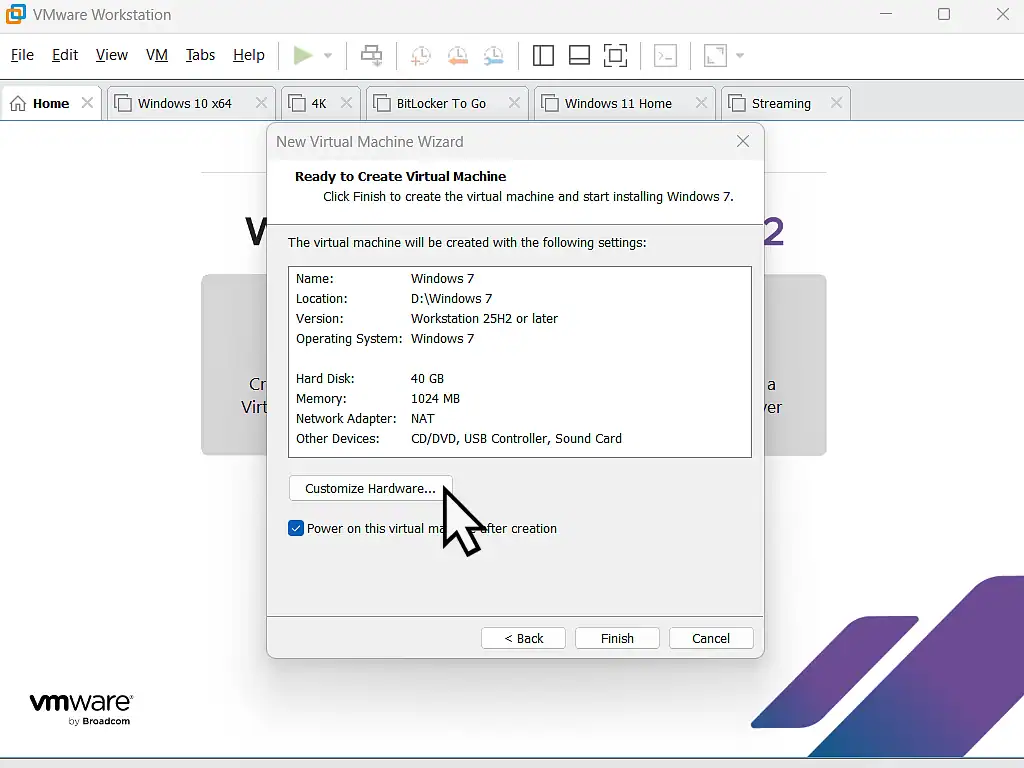 Ready to create VM Windows 7 VM setup confirmation screen. You can customise the hardware to make the VM more responsive.