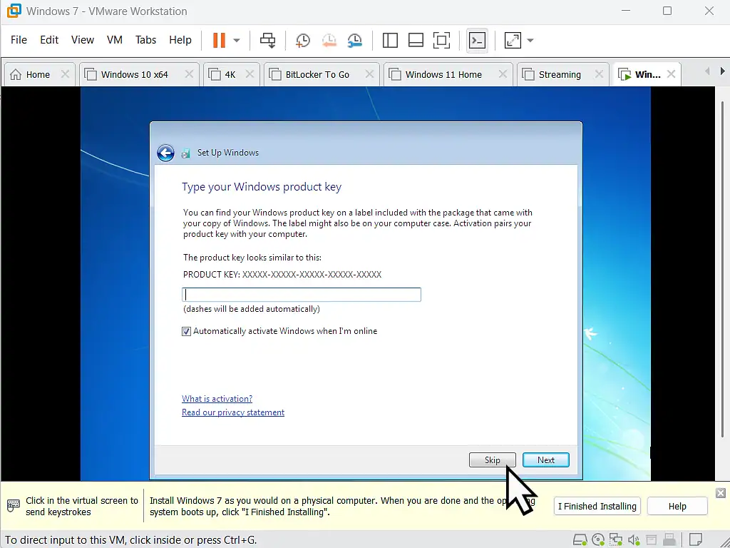 Skip product key on VM Skipping entering the product key on VM until after installation completes.