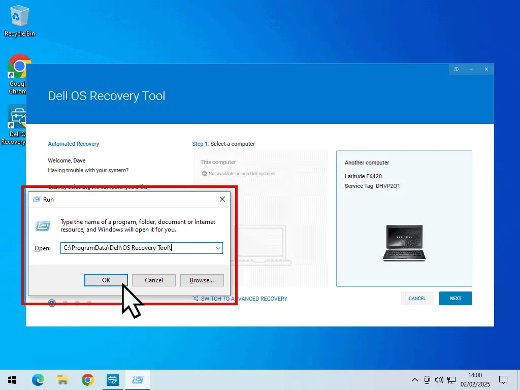 Windows Run box. C:\ProgramData\Dell\OS Recovery Tool\ has been entered.