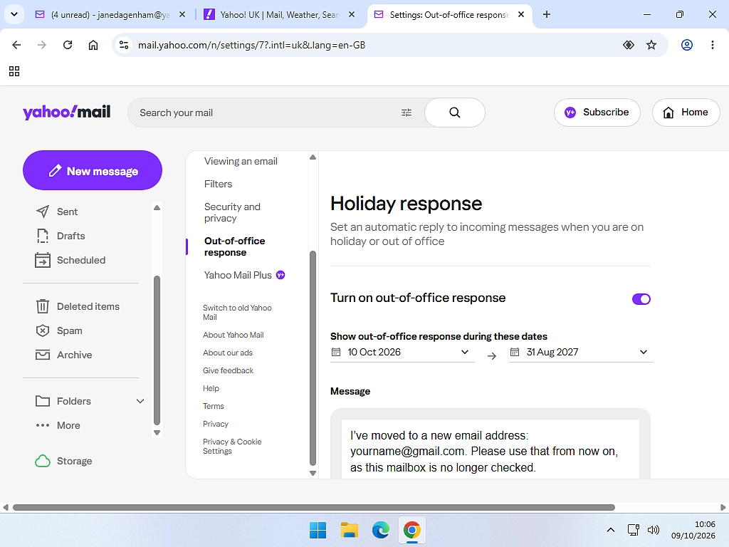 Yahoo Mail vacation response turned on with a message giving a new Gmail address.