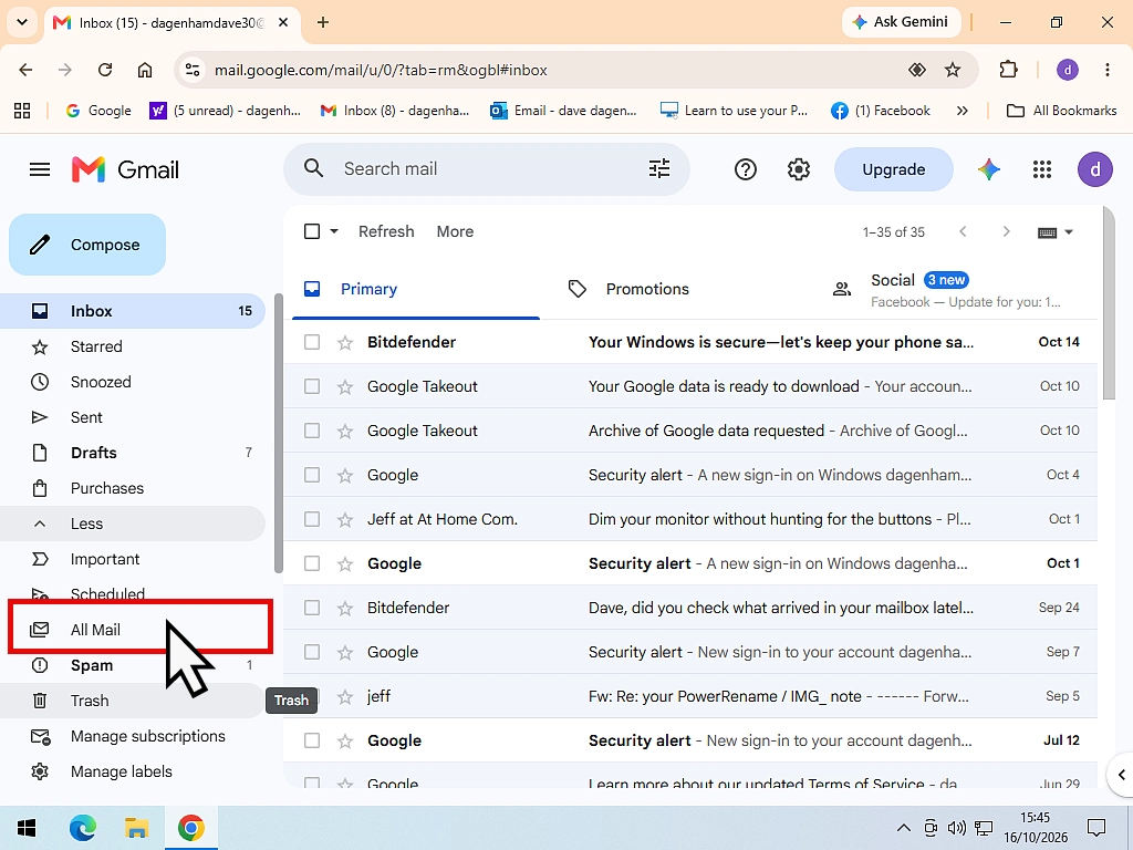 All Mail highlighted in the expanded Gmail menu.