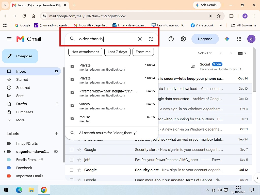 Gmail search results for older_than:1y with all conversations selected.