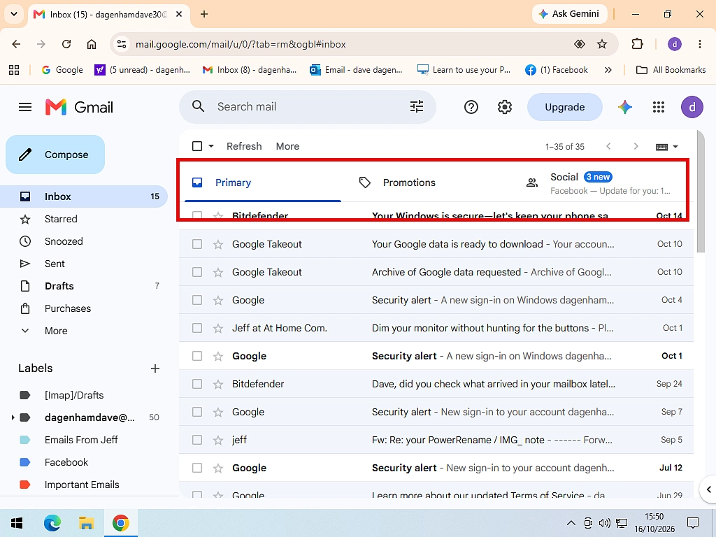 Inbox selected and category tabs highlighted.