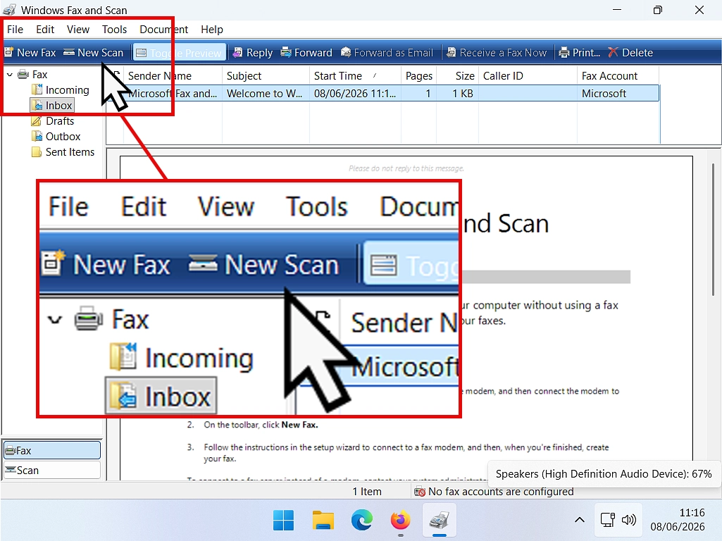 New Scan-Windows Fax and Scan new Scan button indicated in Windows Fax and Scan.