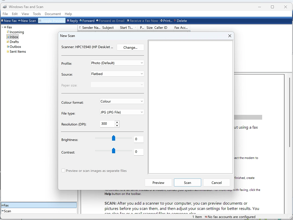New scan options window Scan options window showing Change scanner, Profile for Documents or Photos, Colour format, Resolution, Preview and Scan
