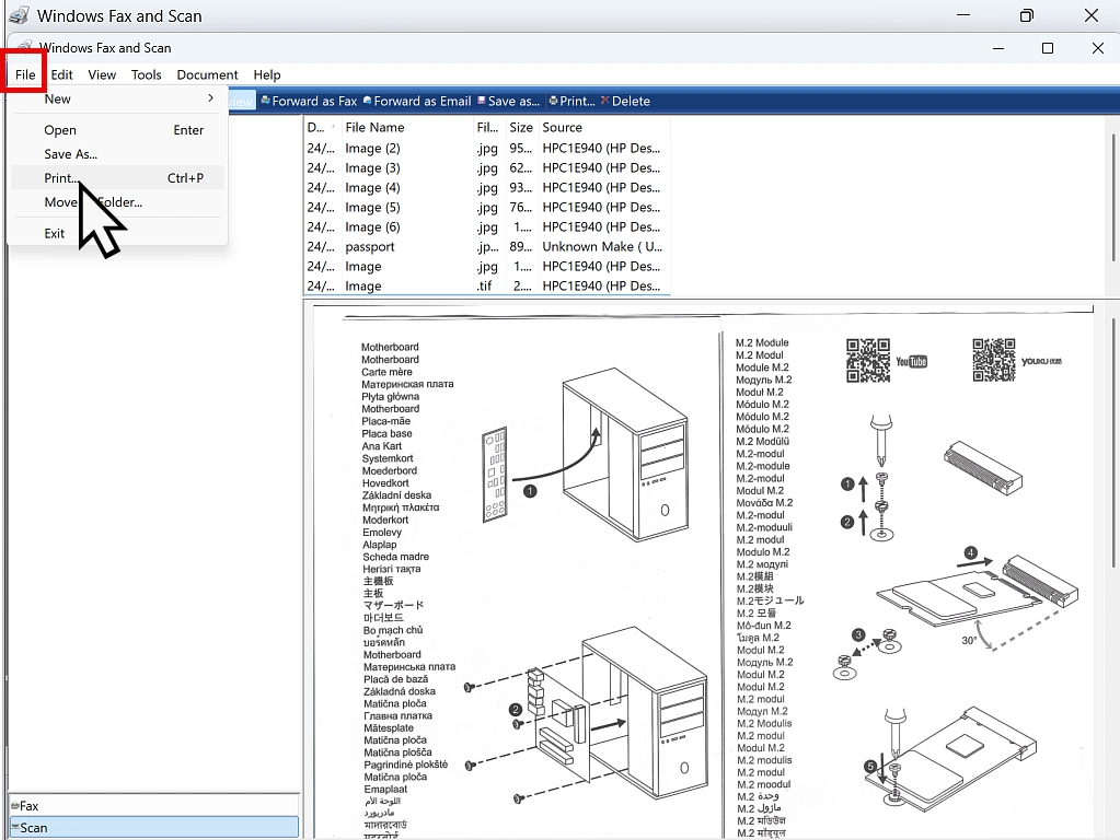 Saving scan as a PDF file File and Print option indicated.