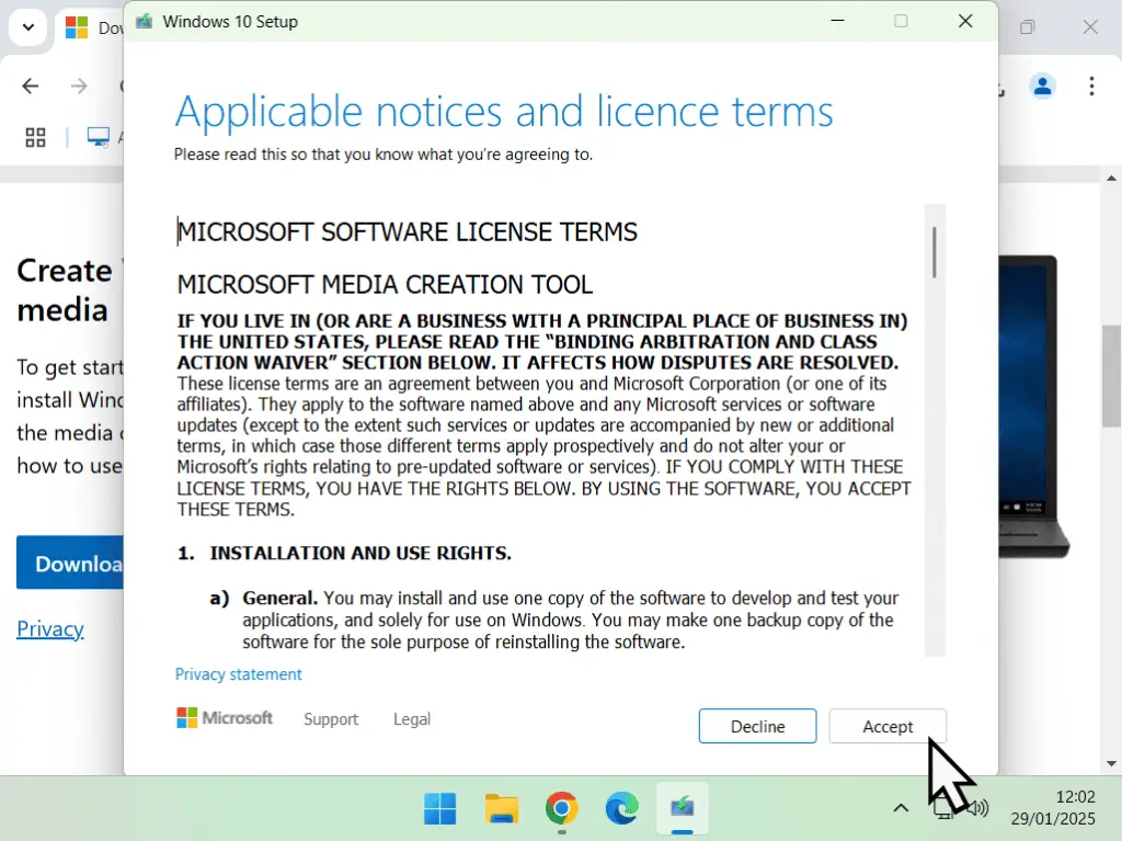 Accept the Applicable notices and licence terms for Windows 10.