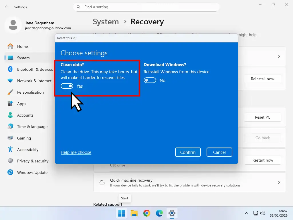 Clean data option Choosing the Clean Data option to wipe a Windows hard drive.