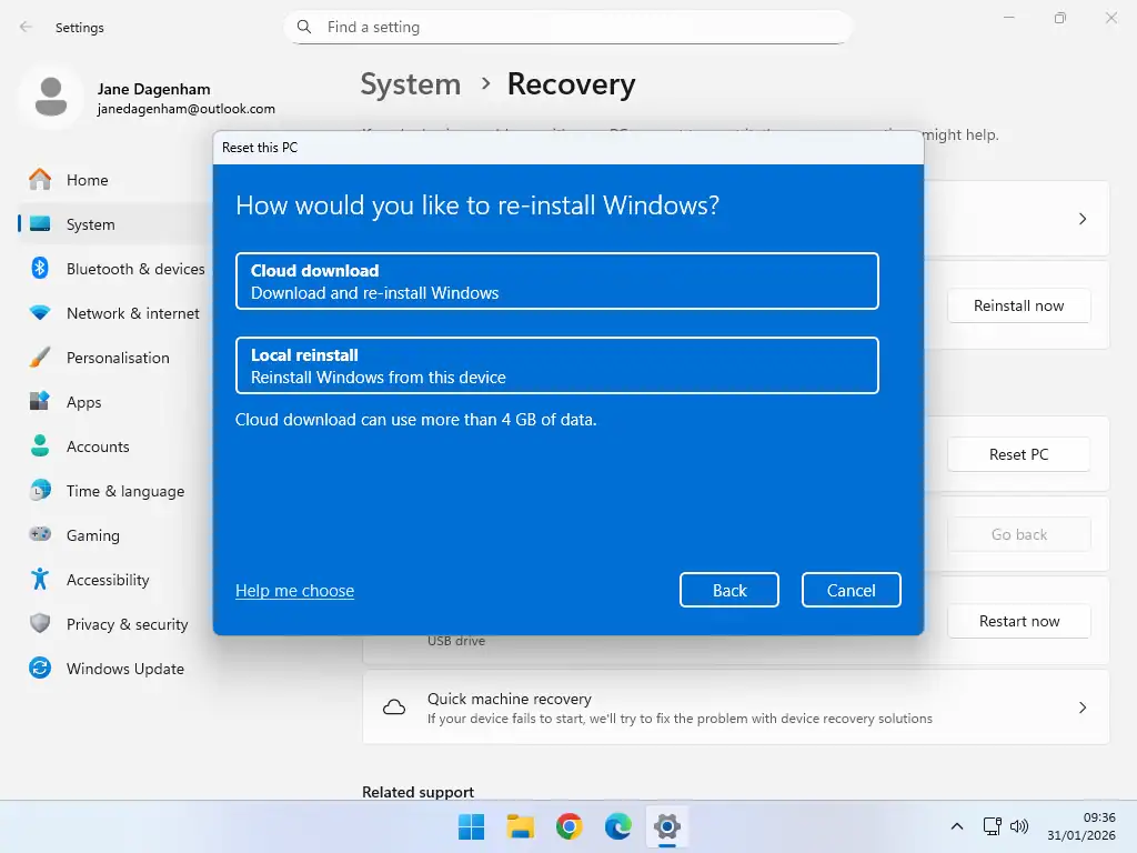 Cloud or local reinstall option Decide whether you want to download a fresh copy of Windows or use locally stored files.