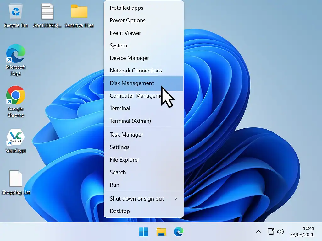 Disk Management 1 Launching Disk Management in Windows 11 to troubleshoot a hard drive not showing up in File Explorer.
