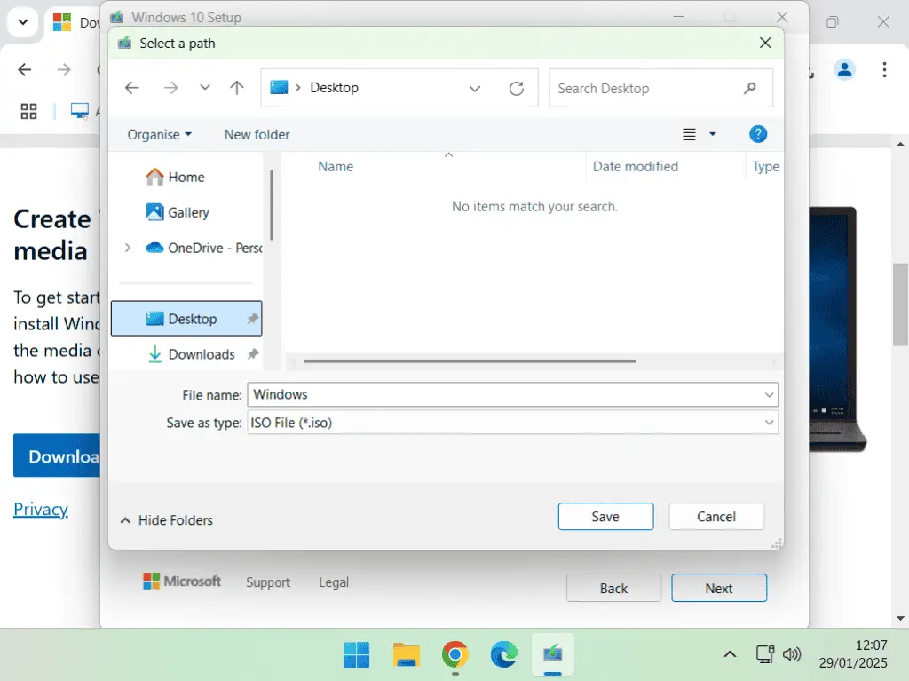 Saving Windows 10 ISO file to desktop.