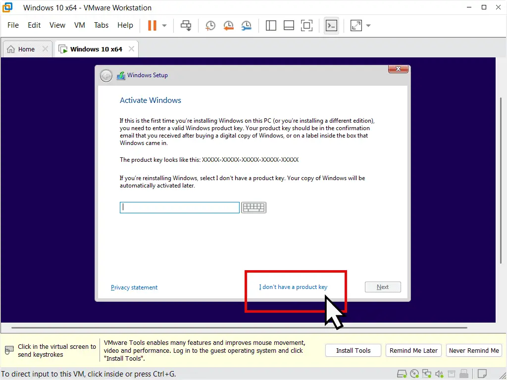 Enter Product key - Windows 10 VM