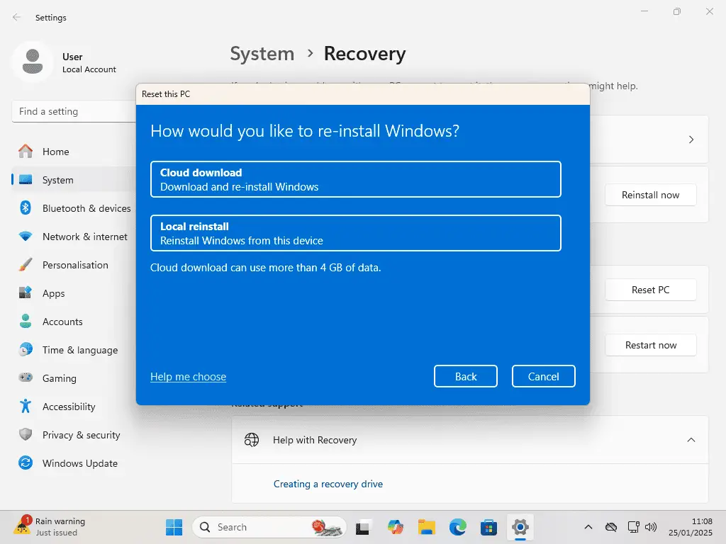 How would you like to re-install Windows options.