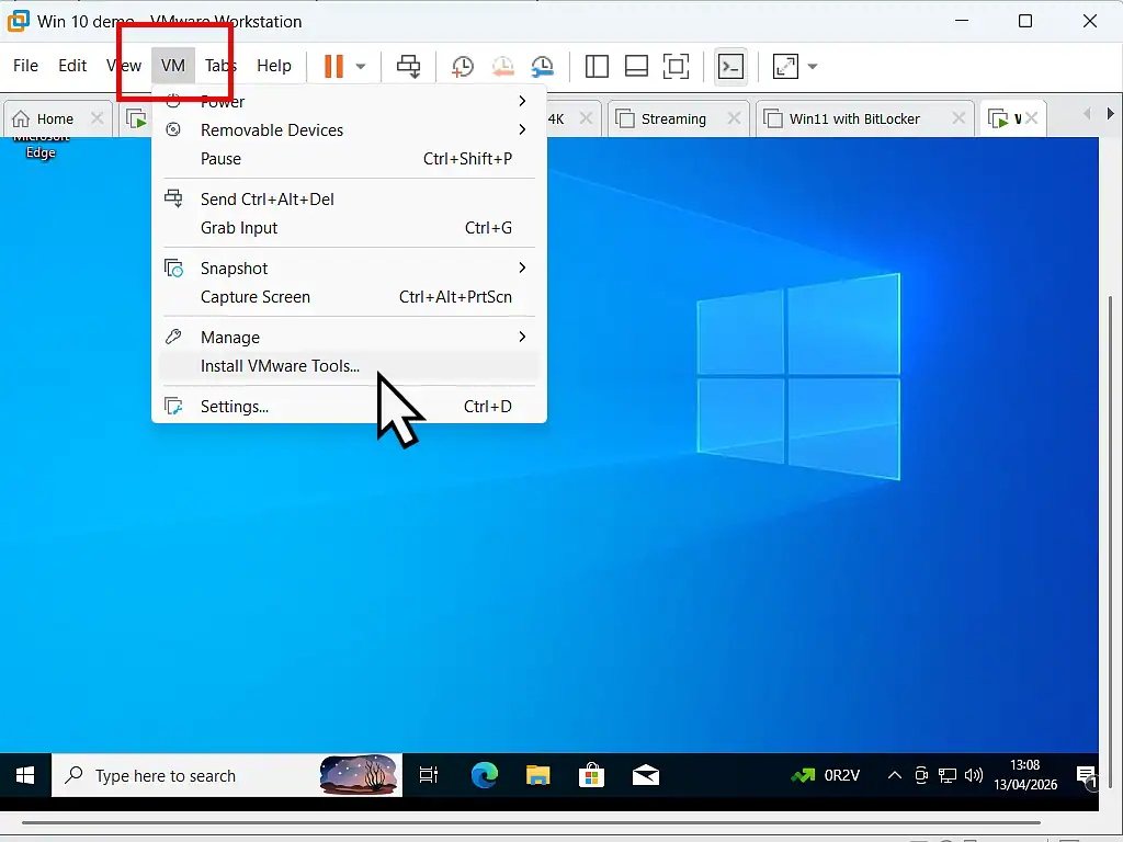 Install VMware Tools from menu Install VMware Tools from menu