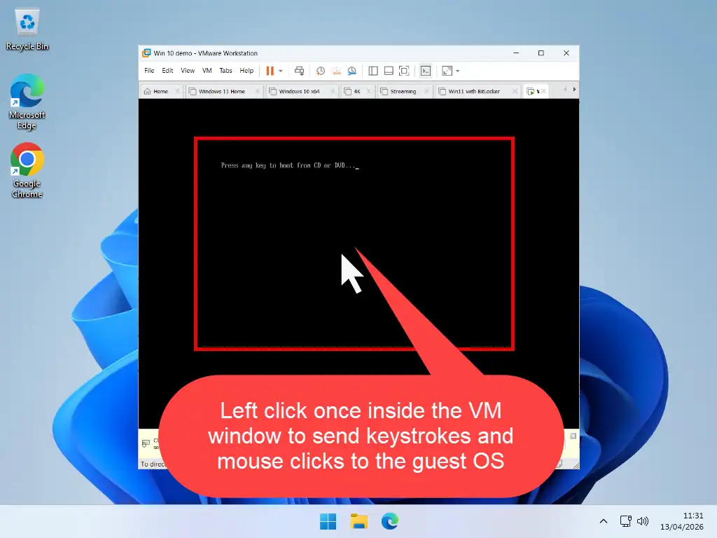 Installing Windows 10 vm on Windows 11 PC. Clicking inside the VM window to redirect inputs to the guest system.