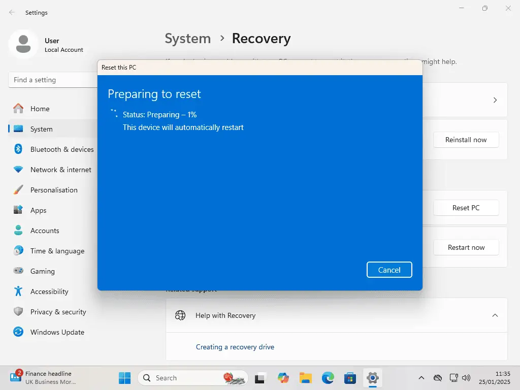 Windows preparing for reset.