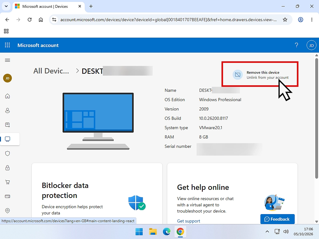 Removing an old PC from the Devices page of a Microsoft account.