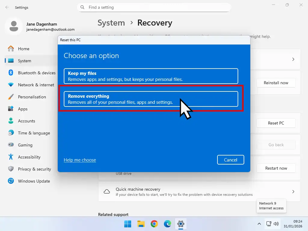 Remove everything-Windows reset Remove Everything option is selected.