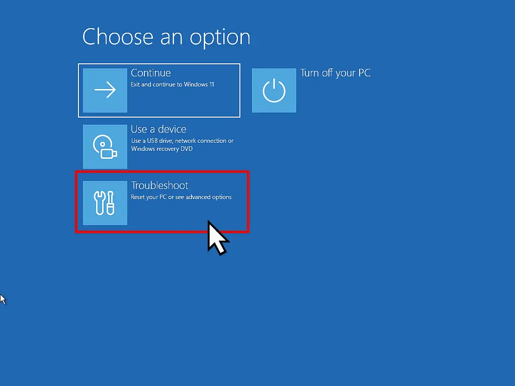 The blue Troubleshoot screen with Reset this PC, used to wipe a PC that won’t start.