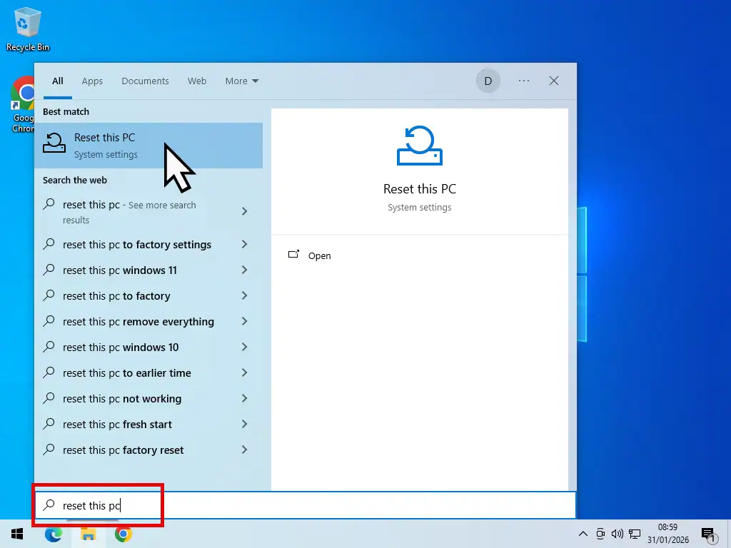 Securely wipe computer-Windows 10 Search for Reset this PC on Windows 10.