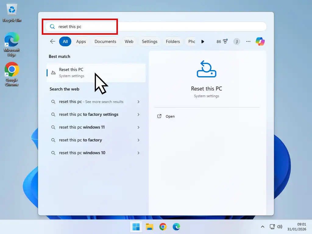 Securely wipe computer-Windows 11 Search for Reset this PC on Windows 11.