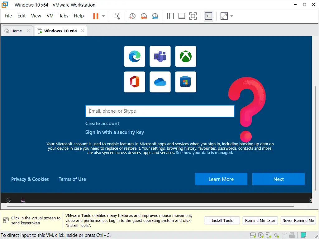 Sign in to MS account - Windows 10 vm