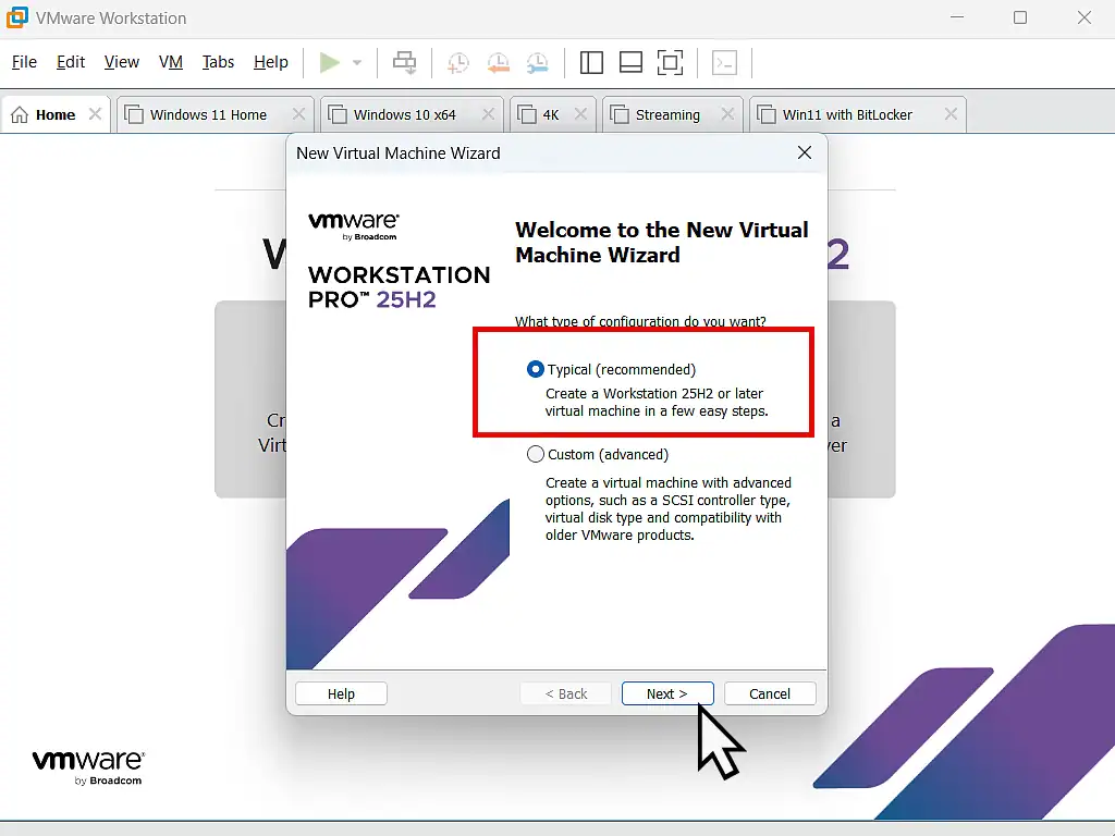 VMware new virtual machine wizard Leave the settings at the default "Typical".