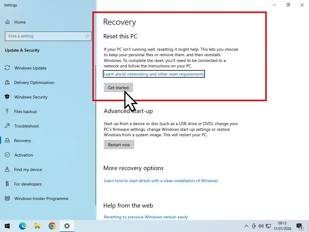 Windows 10 recovery screen Getting started resetting Windows 10 to erase all data.